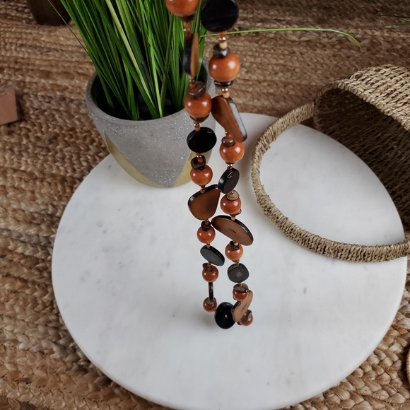 Vintage Boho long petrified chunky wood bead slice necklace - Picture 6 of 14